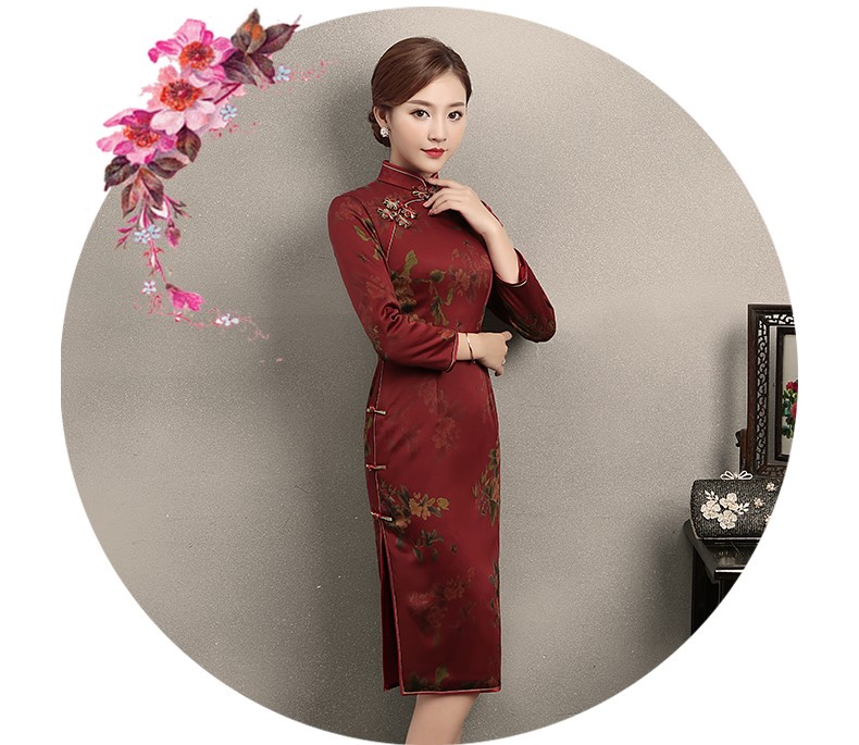 深紅色印花旗袍，復(fù)古中國風(fēng)旗袍裙