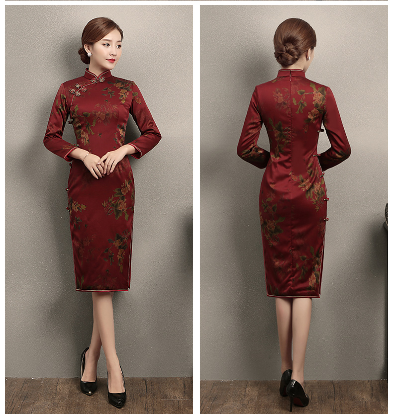 深紅色印花旗袍，復(fù)古中國風(fēng)旗袍裙