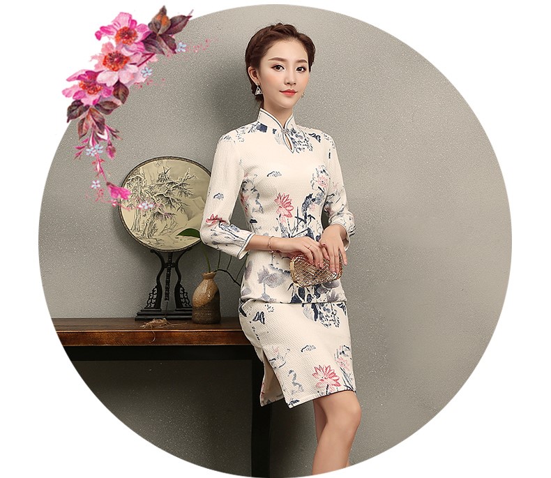 中國風(fēng)水墨荷花印花旗袍，復(fù)古中式白色旗袍裙