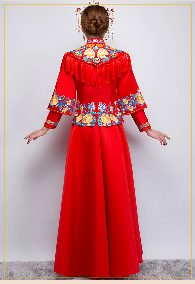 牡丹繡花流蘇新娘禮服，時尚氣質(zhì)中式禮服