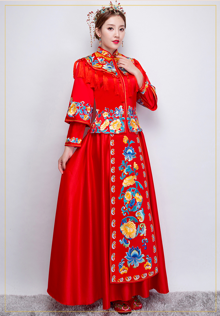 牡丹繡花流蘇新娘禮服，時尚氣質(zhì)中式禮服