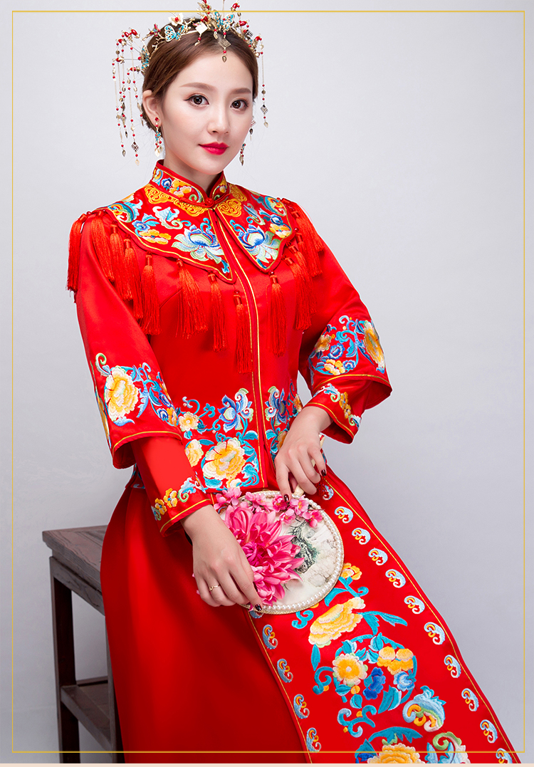 牡丹繡花流蘇新娘禮服，時尚氣質(zhì)中式禮服