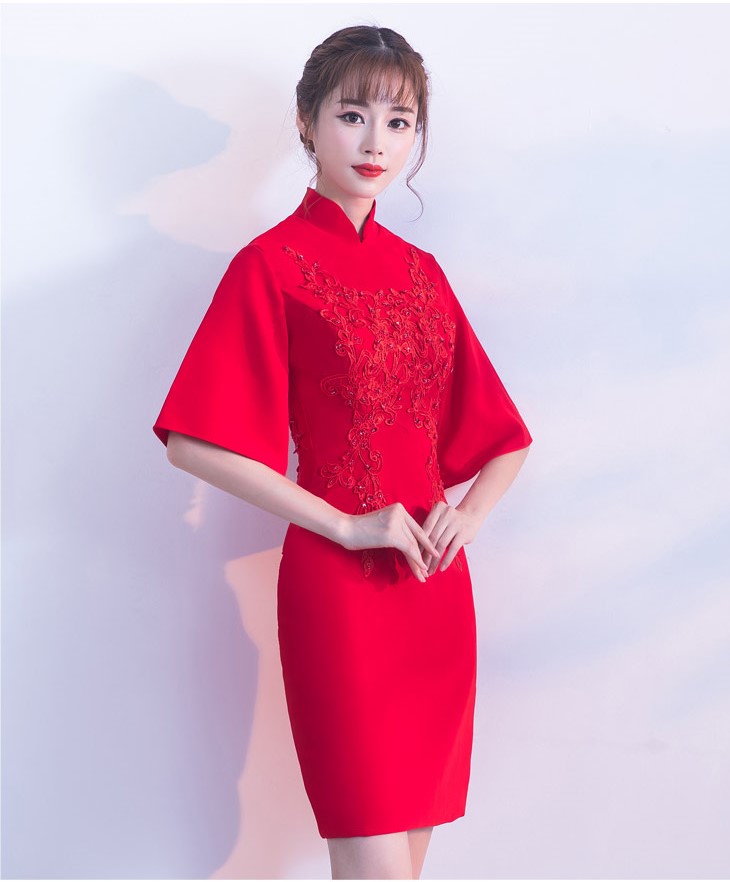 氣質(zhì)小禮服裙，短款紅色中式禮服