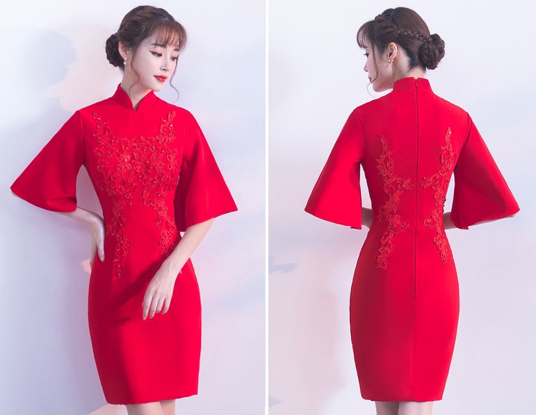 氣質(zhì)小禮服裙，短款紅色中式禮服