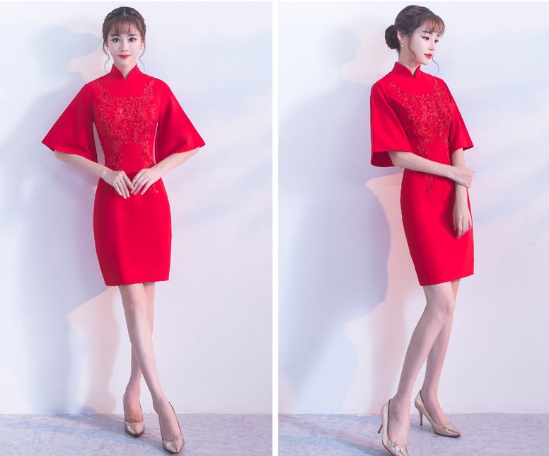 氣質(zhì)小禮服裙，短款紅色中式禮服