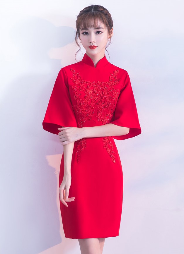 氣質(zhì)小禮服裙，短款紅色中式禮服