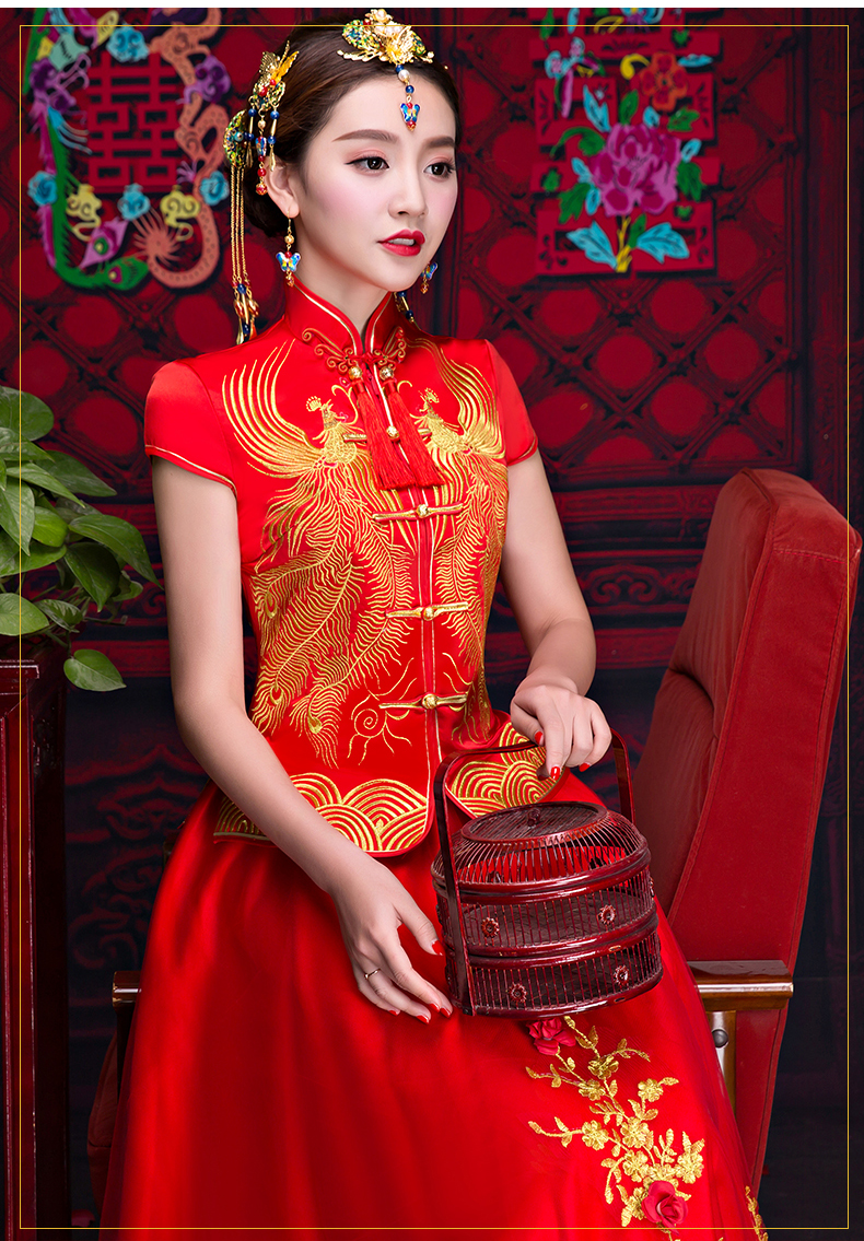 短袖對(duì)襟中式禮服，蕾絲裙新娘禮服