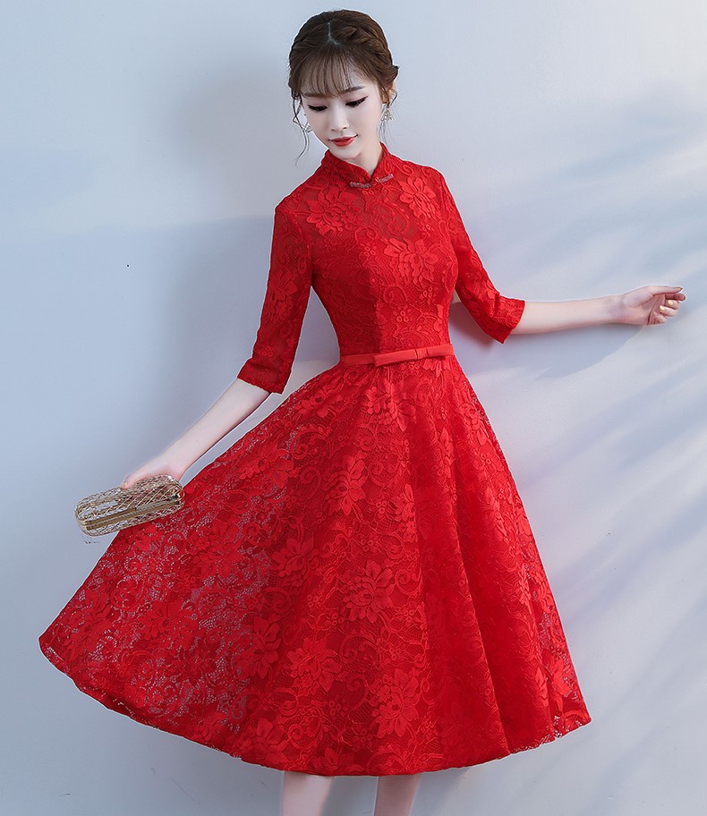 復(fù)古立領(lǐng)中式禮服，蕾絲中袖晚禮服
