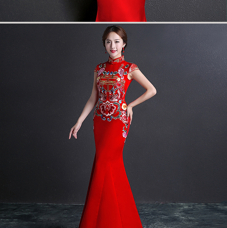 雙喜繡花中式禮服，魚尾修身晚禮服