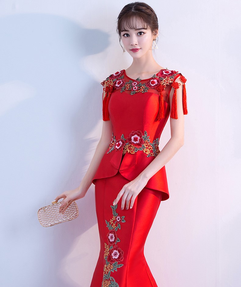 紅色顯瘦長款中式禮服，中國風(fēng)魚尾晚禮服