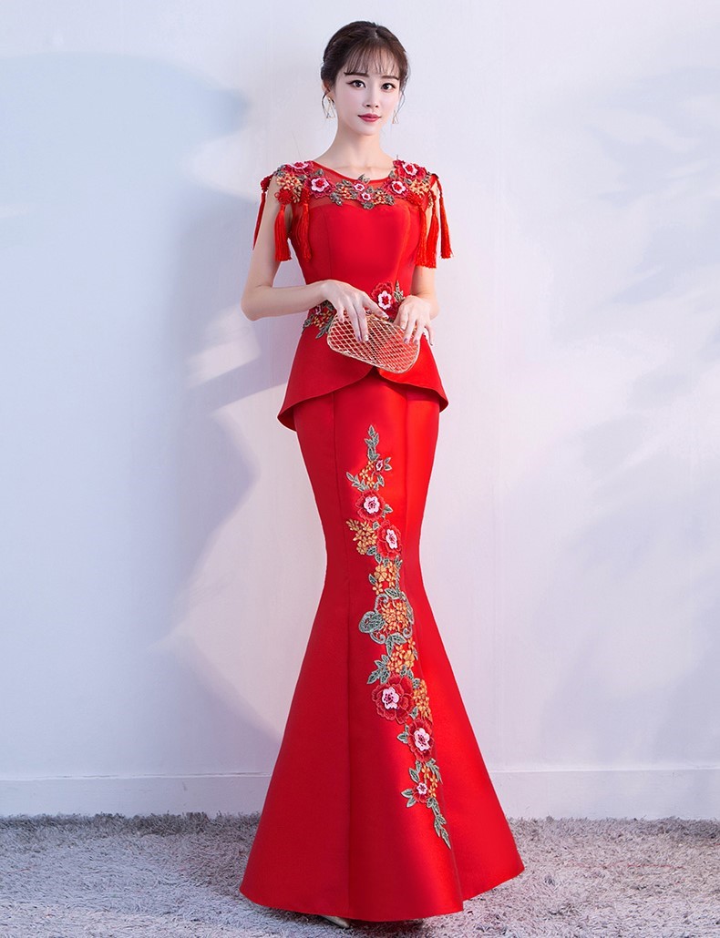 紅色顯瘦長款中式禮服，中國風(fēng)魚尾晚禮服