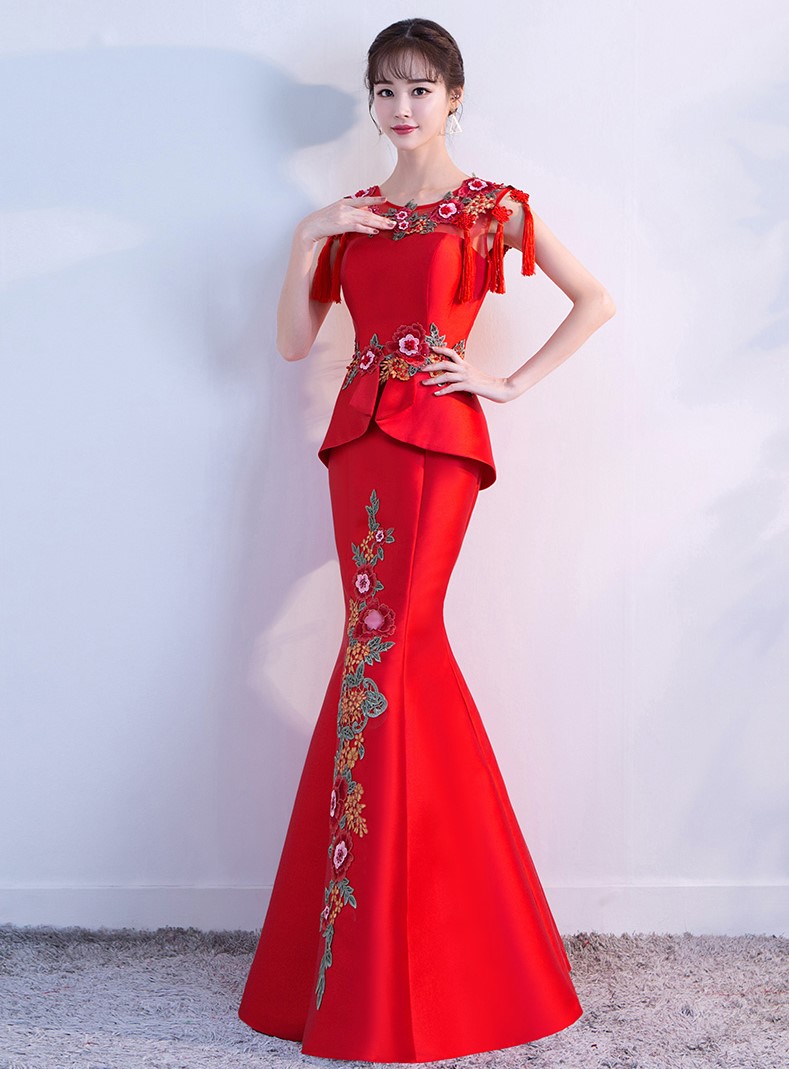 紅色顯瘦長款中式禮服，中國風(fēng)魚尾晚禮服