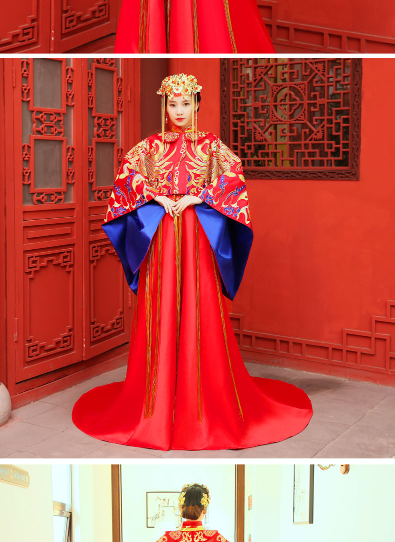 古典高貴刺繡新娘禮服，拖尾結(jié)婚中式禮服