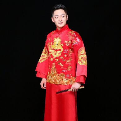 金龍刺繡男士中式禮服，時尚中國風(fēng)新郎禮服