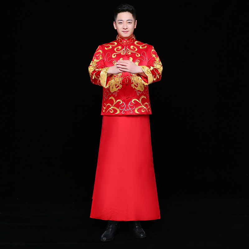 雙龍刺繡男士中式禮服，時尚中國風(fēng)新郎禮服