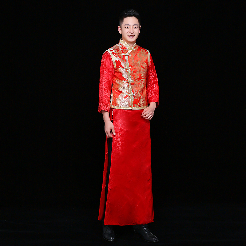金龍刺繡馬褂男士中式禮服，時尚新郎禮服