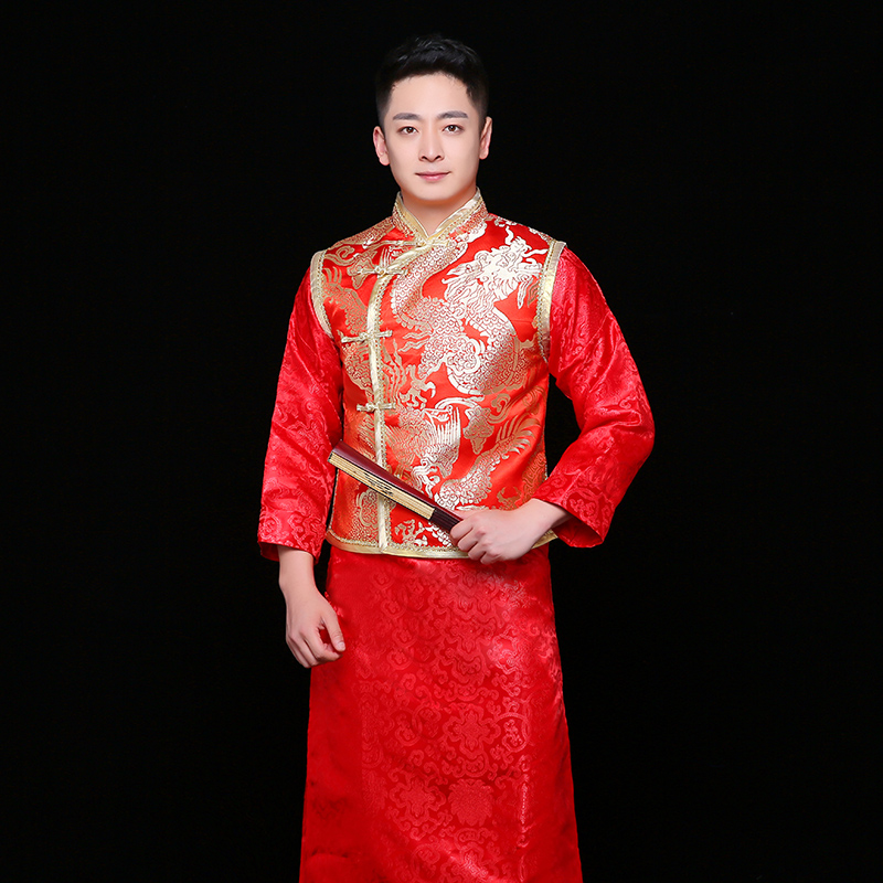 金龍刺繡馬褂男士中式禮服，時尚新郎禮服