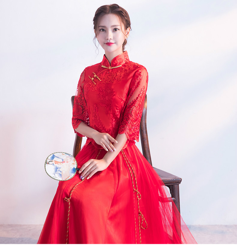 蕾絲繡花中式禮服，秀禾服紅色婚紗新娘禮服