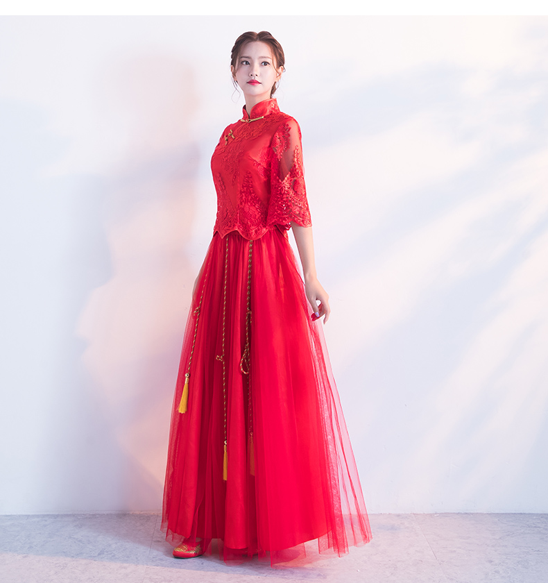 蕾絲繡花中式禮服，秀禾服紅色婚紗新娘禮服