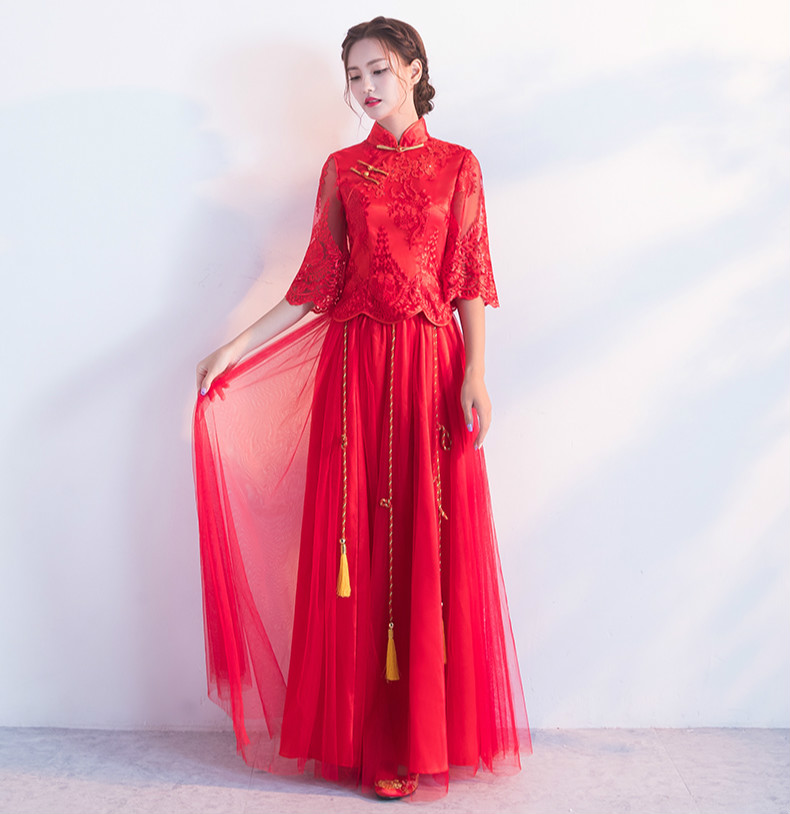 蕾絲繡花中式禮服，秀禾服紅色婚紗新娘禮服