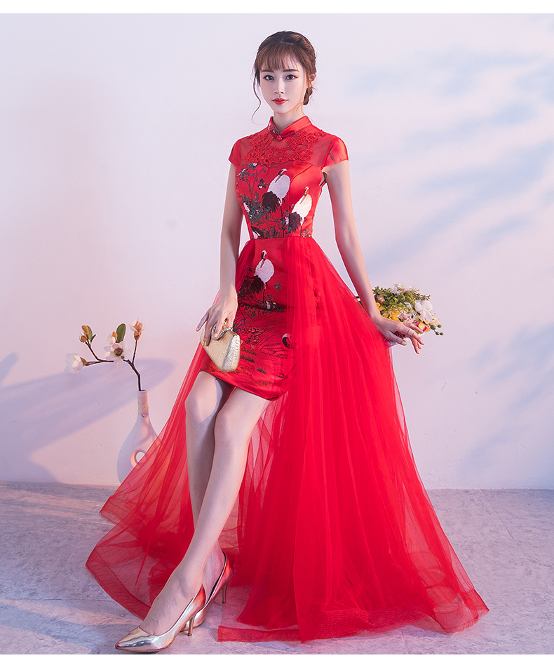 中國風(fēng)紅色蕾絲中式禮服，時尚古典仙鶴晚禮服