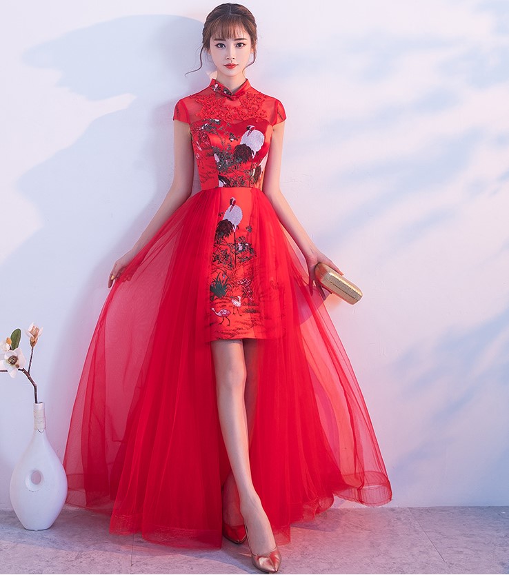 中國風(fēng)紅色蕾絲中式禮服，時尚古典仙鶴晚禮服