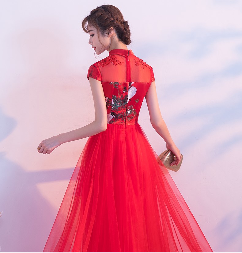 中國風(fēng)紅色蕾絲中式禮服，時尚古典仙鶴晚禮服
