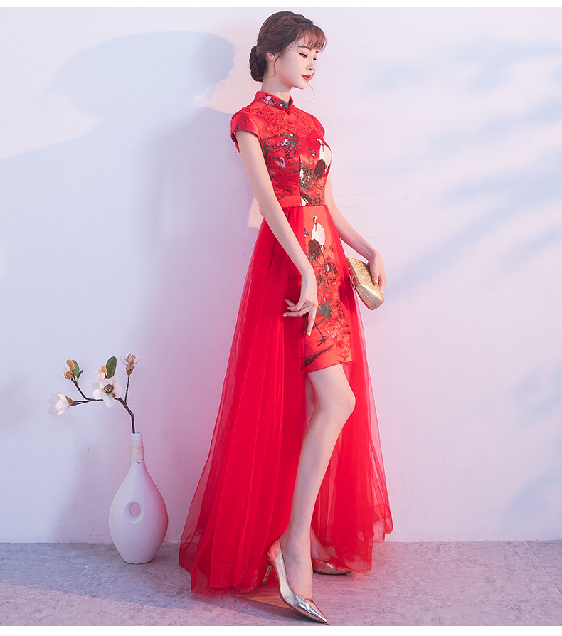 中國風(fēng)紅色蕾絲中式禮服，時尚古典仙鶴晚禮服