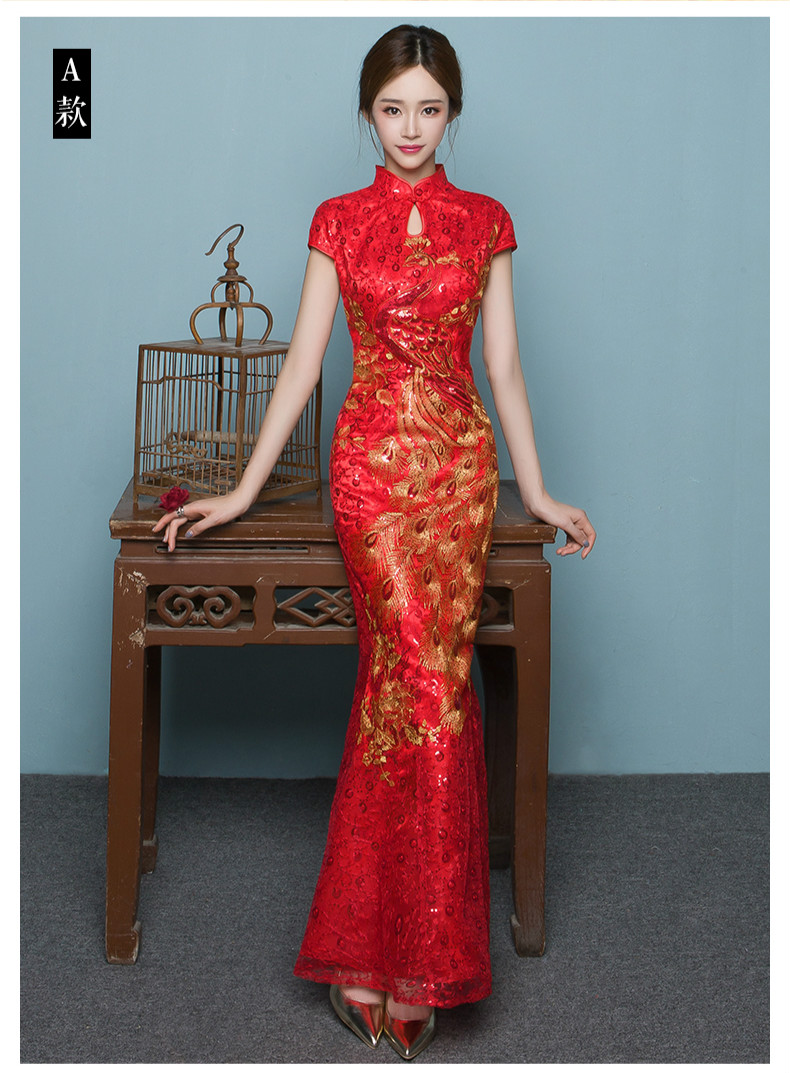 中國風魚尾中式禮服，紅色蕾絲繡花晚禮服