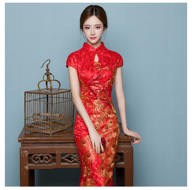 中國風魚尾中式禮服，紅色蕾絲繡花晚禮服