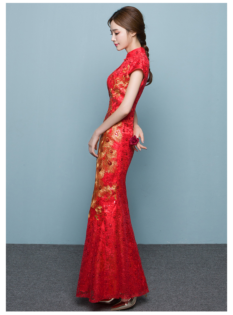 中國風魚尾中式禮服，紅色蕾絲繡花晚禮服