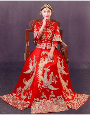 時(shí)尚中國(guó)風(fēng)中式禮服，精美奢華刺繡新娘禮服