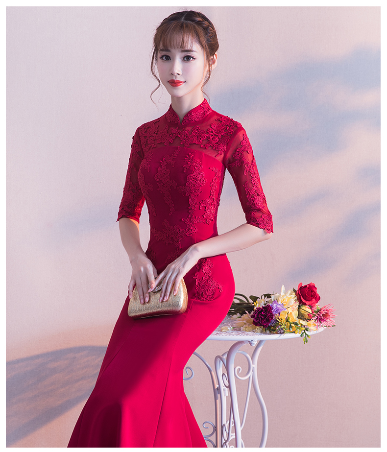 時(shí)尚中國風(fēng)中式禮服，紅色蕾絲花朵魚尾晚禮服
