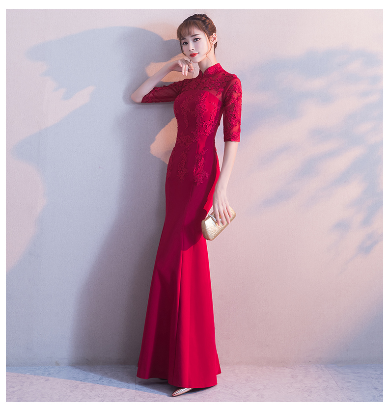 時(shí)尚中國風(fēng)中式禮服，紅色蕾絲花朵魚尾晚禮服