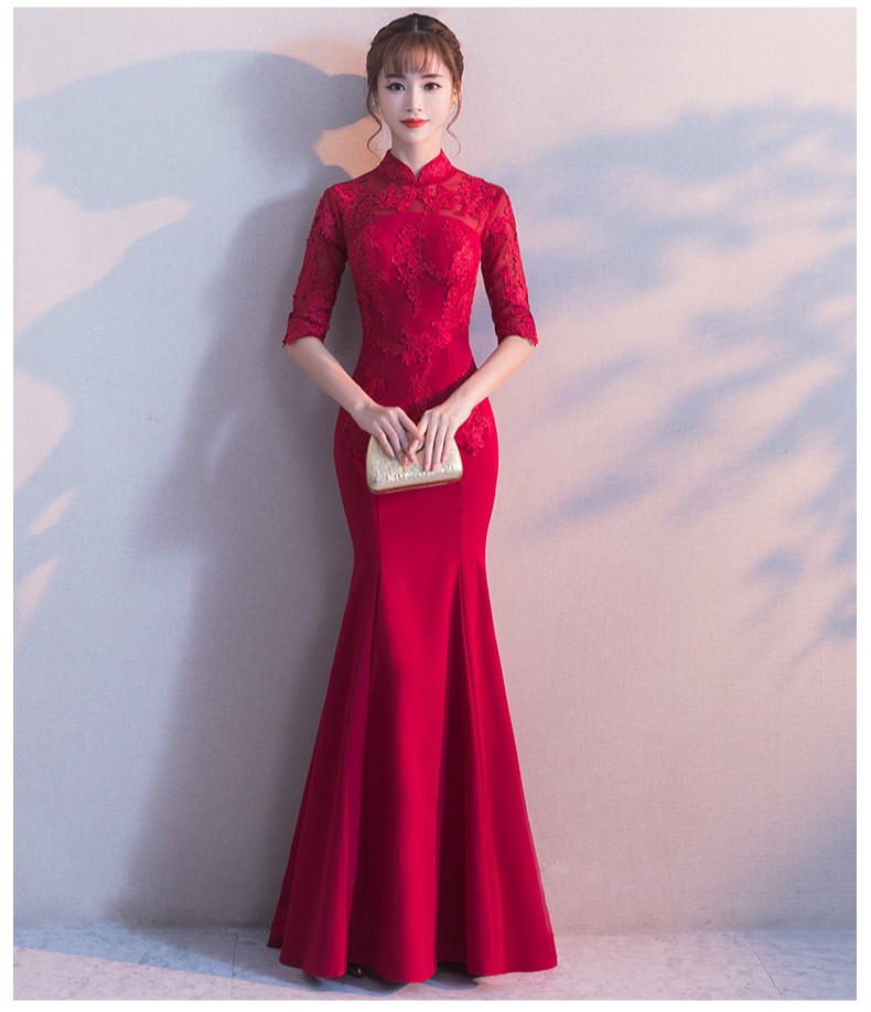 時(shí)尚中國風(fēng)中式禮服，紅色蕾絲花朵魚尾晚禮服