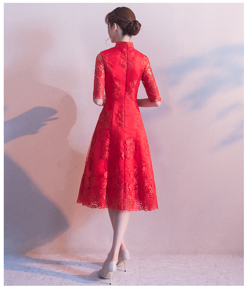 中袖立領(lǐng)中式禮服，復(fù)古中國風(fēng)紅色晚禮服