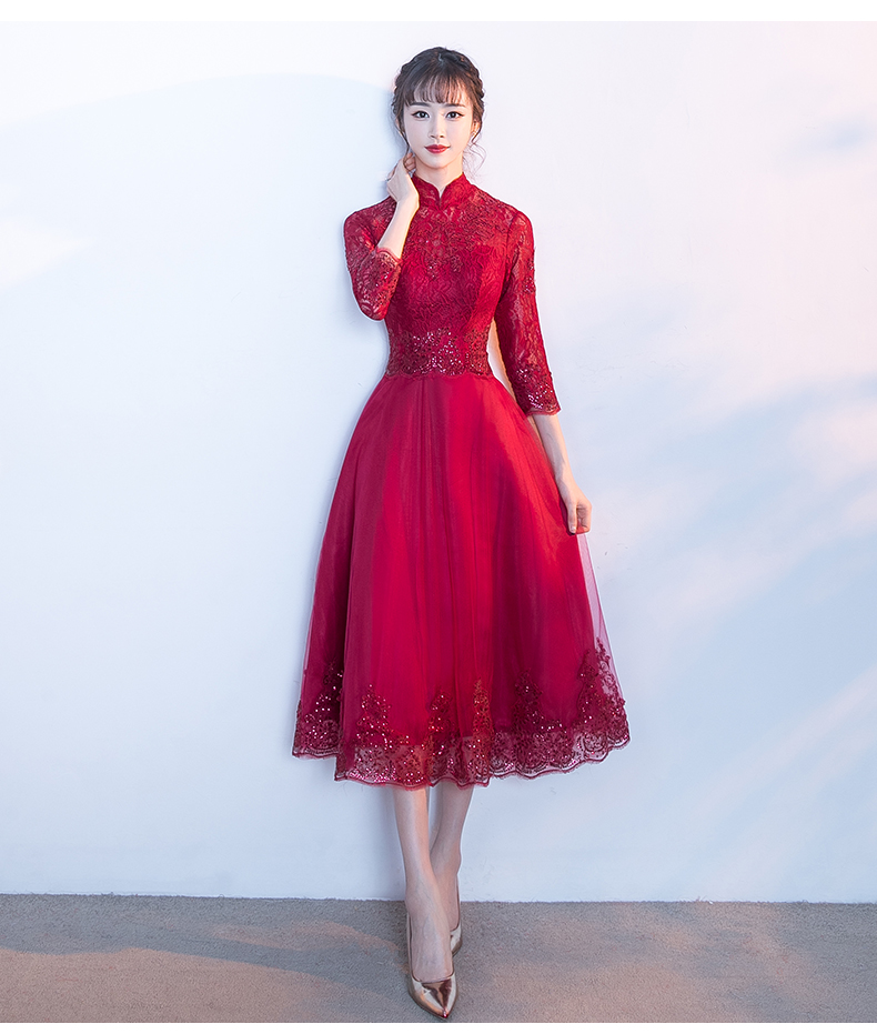 中國風(fēng)紅色中式禮服，長袖修身晚禮服