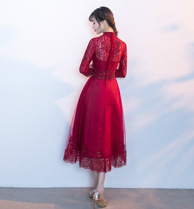 中國風(fēng)紅色中式禮服，長袖修身晚禮服