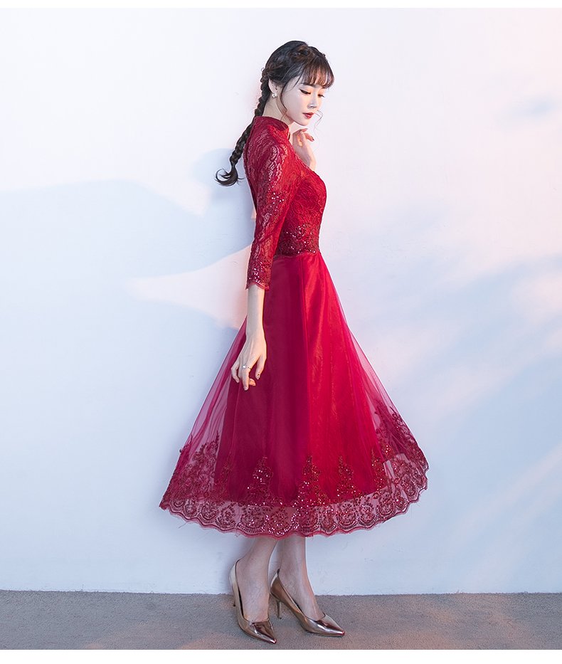 中國風(fēng)紅色中式禮服，長袖修身晚禮服