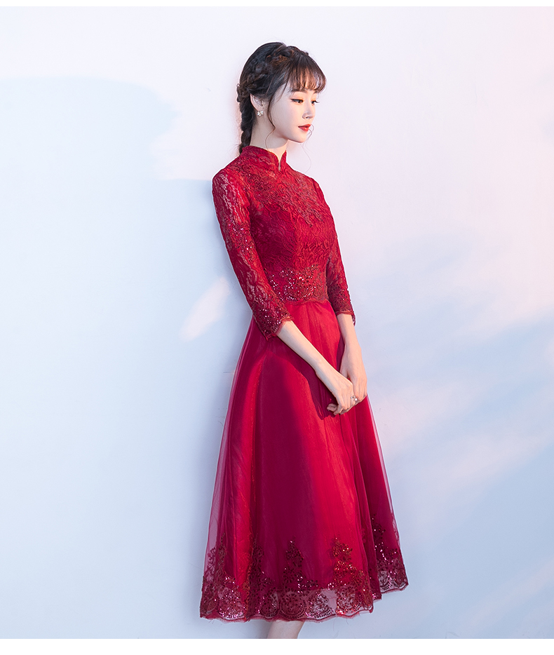 中國風(fēng)紅色中式禮服，長袖修身晚禮服