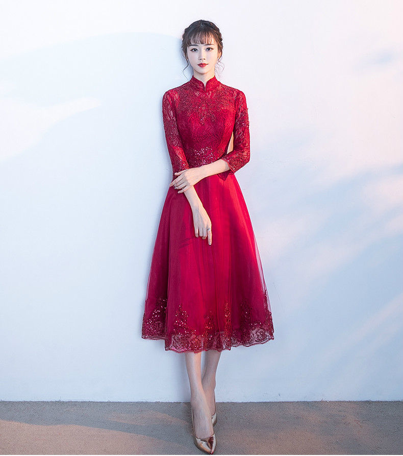 中國風(fēng)紅色中式禮服，長袖修身晚禮服