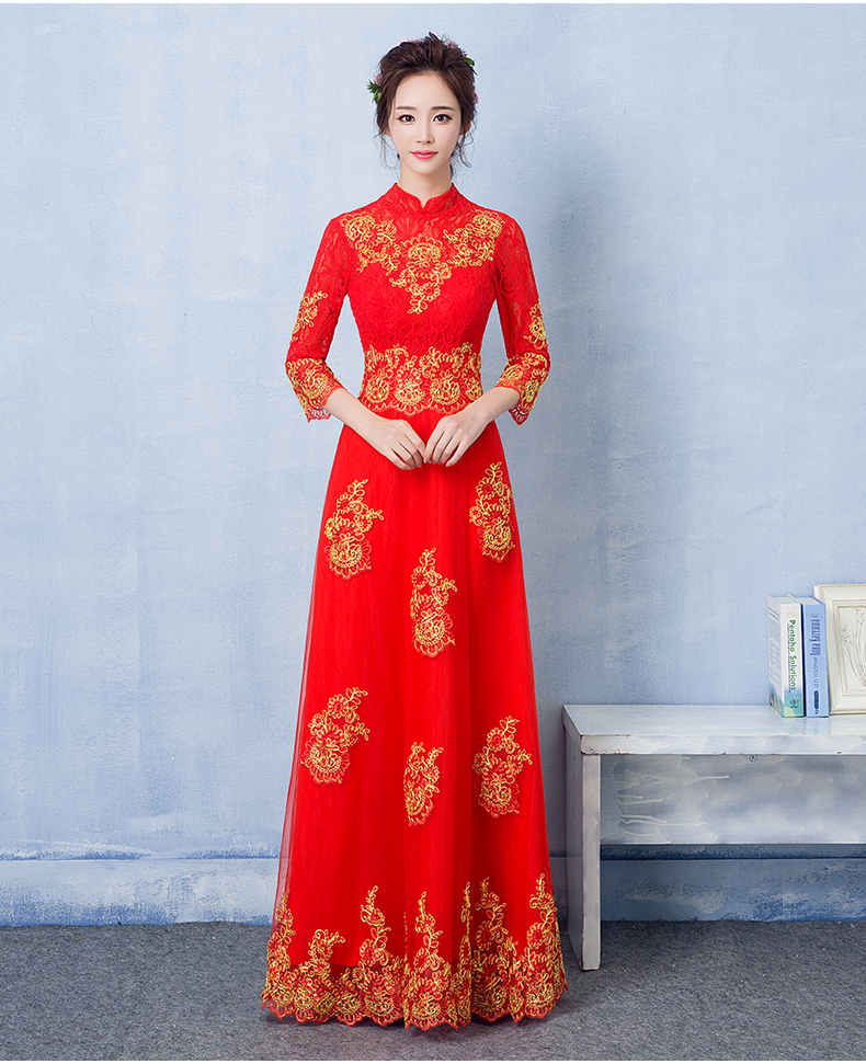 中國(guó)風(fēng)蕾絲刺繡中式禮服，紅色復(fù)古新娘晚禮服