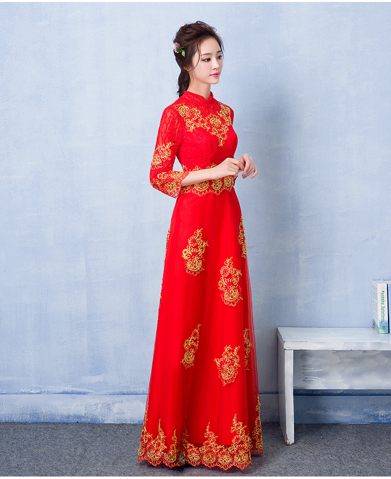 中國(guó)風(fēng)蕾絲刺繡中式禮服，紅色復(fù)古新娘晚禮服