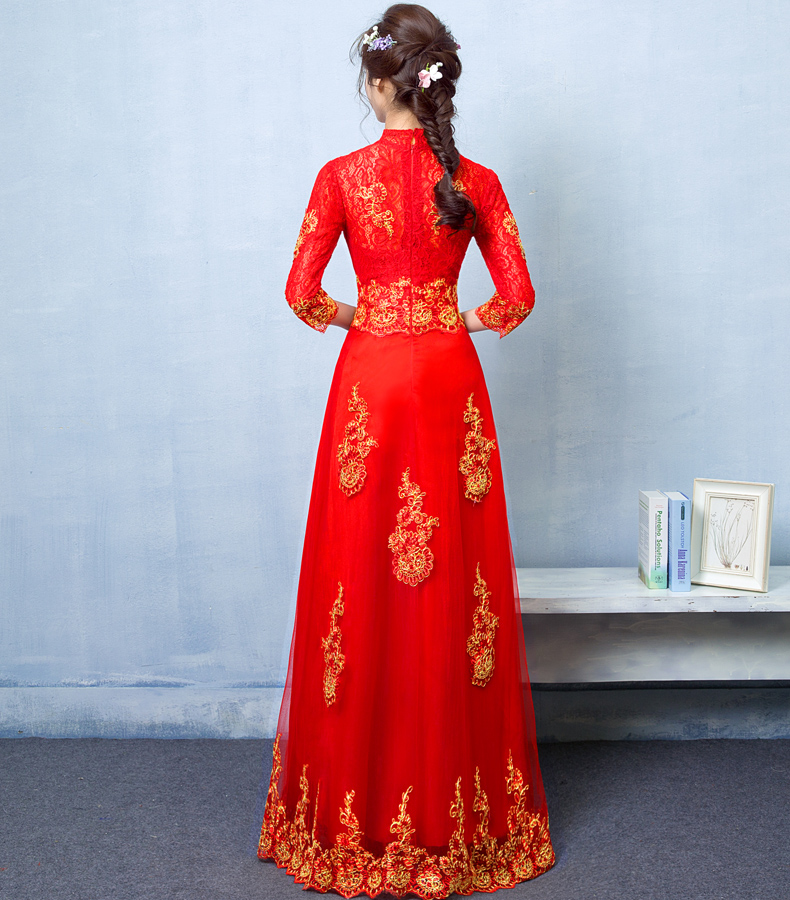 中國(guó)風(fēng)蕾絲刺繡中式禮服，紅色復(fù)古新娘晚禮服