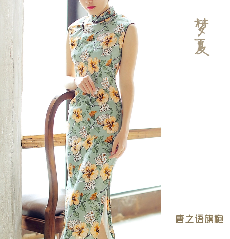 時尚棉麻長款旗袍，復古印花旗袍