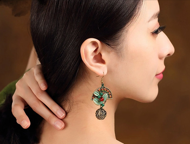 折扇搖復(fù)古中國(guó)風(fēng)樹(shù)葉扇形耳環(huán)首飾