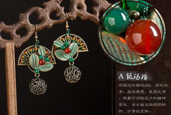 折扇搖復(fù)古中國(guó)風(fēng)樹(shù)葉扇形耳環(huán)首飾
