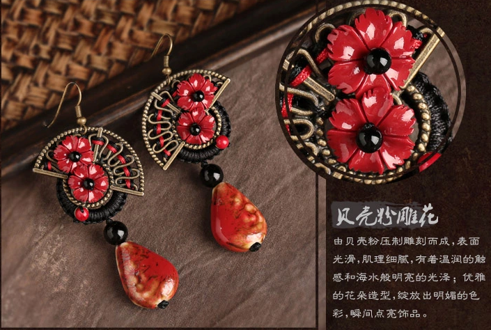 紅花朵陶瓷中國風(fēng)耳環(huán)首飾