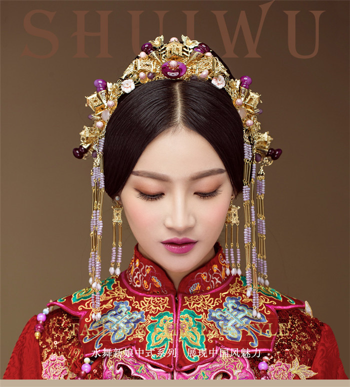 紫色串珠流蘇鳳冠結(jié)婚頭飾，中式古裝發(fā)飾