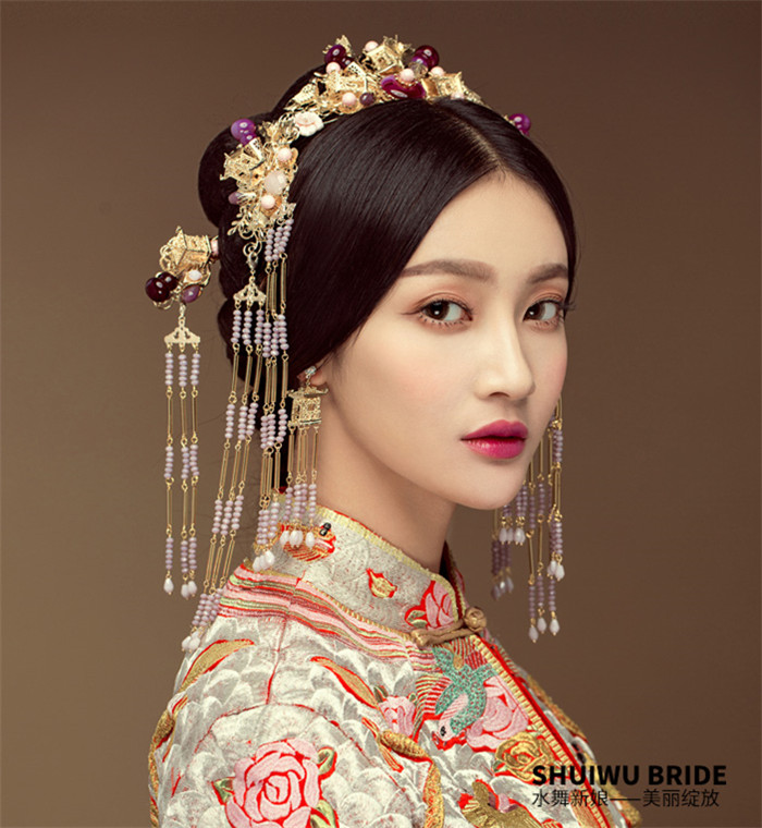 紫色串珠流蘇鳳冠結(jié)婚頭飾，中式古裝發(fā)飾